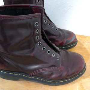 Doc Martens 1490 Cherry Red (Vegan) Heavily Worn.